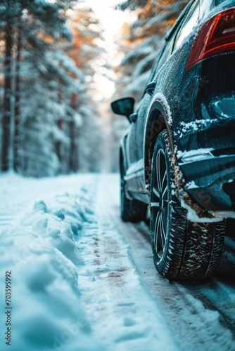 A car driving on a snowy road in the woods. Perfect for winter landscapes or travel themes © Fotograf