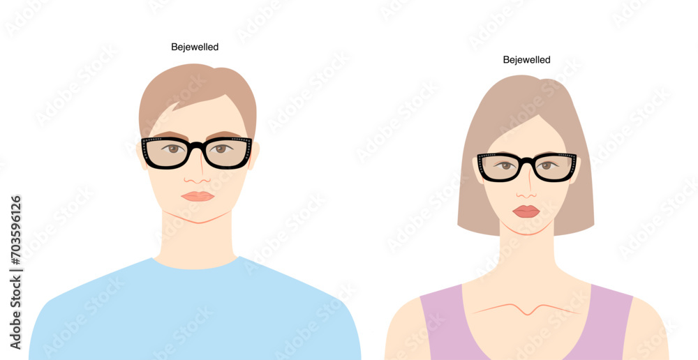 Bejewelled foxy frame glasses on women and men flat character fashion accessory illustration. Sunglass front view silhouette style, rim spectacles eyeglasses with lens sketch outline isolated on white Bejewelled foxy frame glasses on women and men flat character fashion accessory illustration. Sunglass front view silhouette style, rim spectacles eyeglasses with lens sketch outline isolated on white