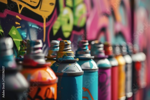 A row of colorful spray cans lined up in front of a vibrant graffiti-covered wall. Perfect for urban art and street culture themes