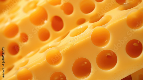 Closeup of Fresh yellow cheese with big holes texture background