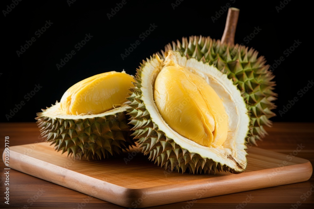 Fototapeta premium The king of fruits: A freshly cut durian showcasing its unique texture and color