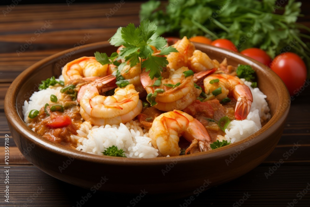 Cajun-style gumbo filled with a flavorful medley of shrimp, chicken, and andouille sausage, served over fluffy white rice Cajun-style gumbo filled with a flavorful medley of shrimp, chicken, and andouille sausage, served over fluffy white rice