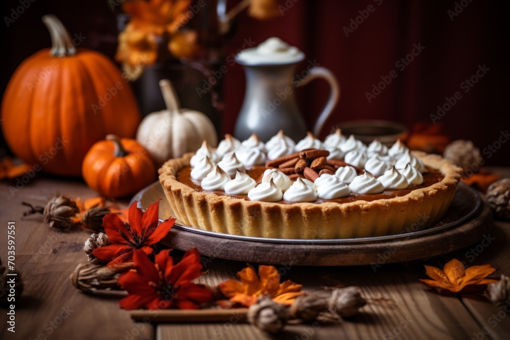 A mouthwatering pumpkin pie, lovingly baked to perfection, placed on a weathered wooden table amidst a tapestry of colorful fall leaves, creating an inviting ambiance for a memorable Thanksgiving