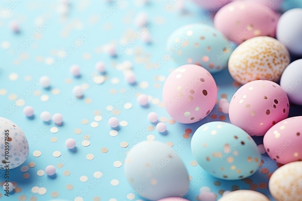Greeting card with colorful Easter eggs and confetti on a pastel blue background with copy cpace.