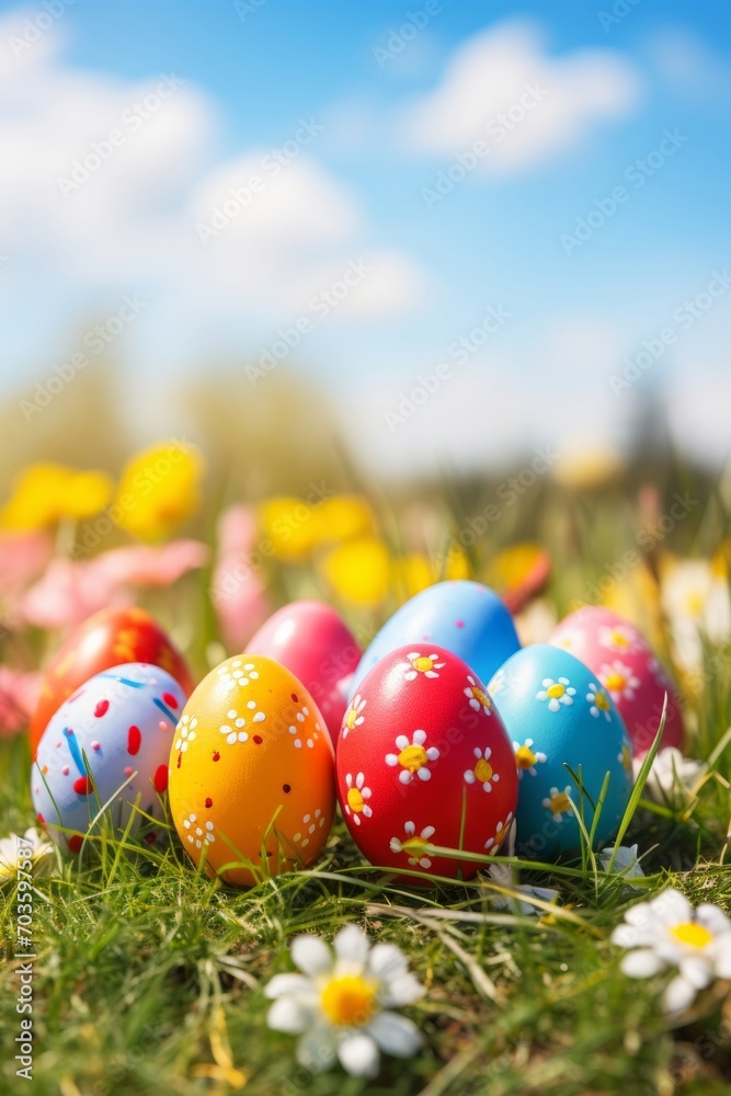 Spring background with sky, clouds and row of Easter eggs in green grass