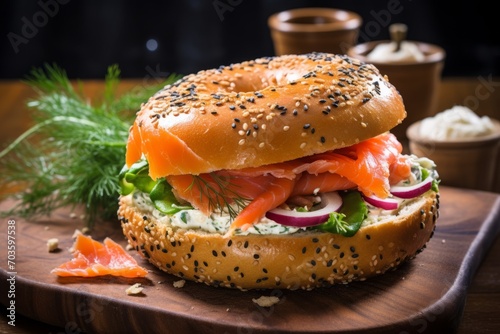 A hearty breakfast of fresh bagel topped with sesame seeds, paired with cream cheese and smoked salmon