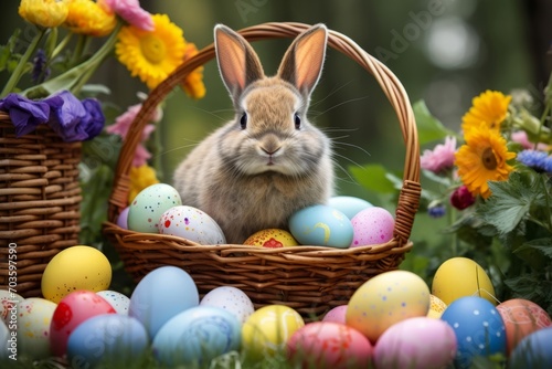 Festive Easter Bunny in a Bountiful Basket of Colorful Eggs