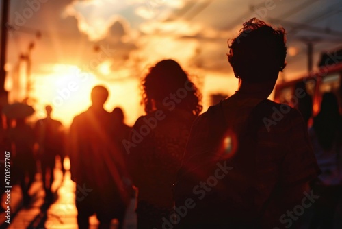 A group of people walking down a street during the beautiful sunset. Suitable for various purposes