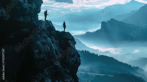 Two people standing on the edge of a cliff. Suitable for adventure, travel, and exploration themes