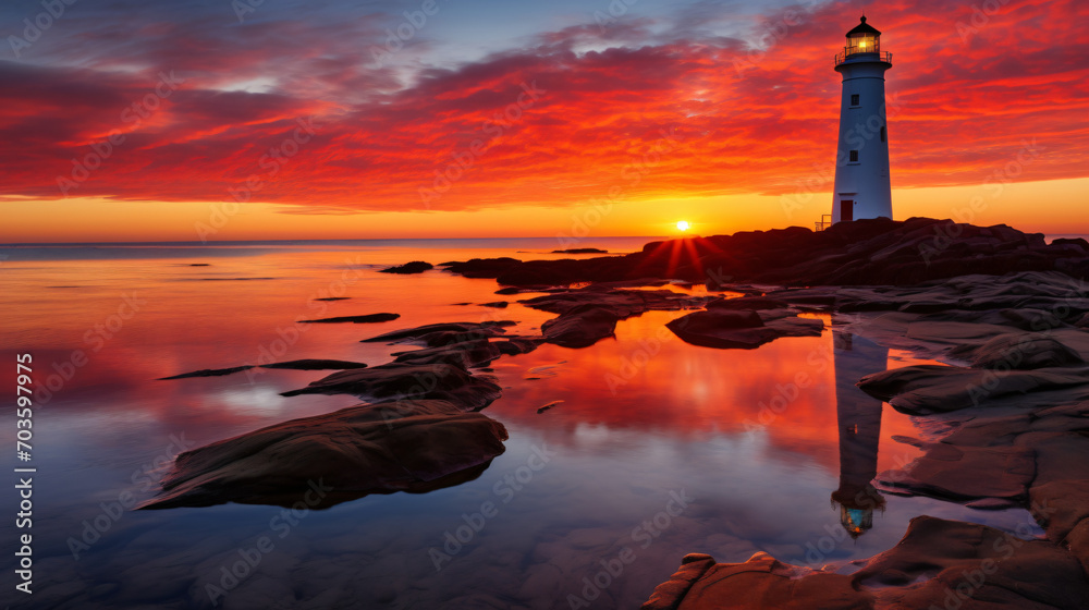 The iconic outline of a lighthouse standing against the vibrant backdrop of a seaside sunrise.