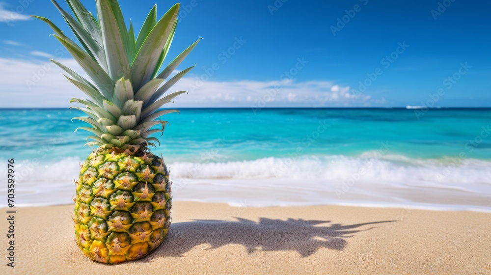 Summer background with pineapple on the seashore. Neural network AI generated art Summer background with pineapple on the seashore. Neural network AI generated art