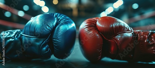 Red and blue gloves in boxing arena. © 2rogan