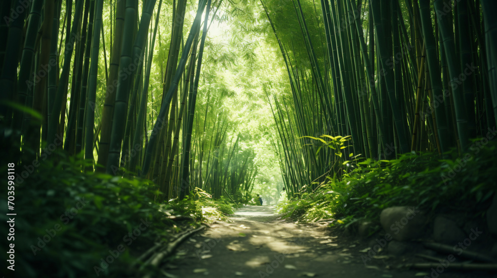 Wandering through a serene bamboo forest with towering bamboo stalks swaying gently in the breeze.
