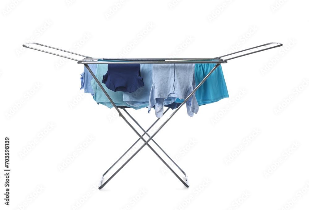Dryer with different clean clothes isolated on white background Dryer with different clean clothes isolated on white background