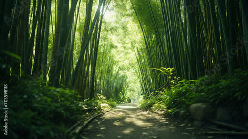 Wandering through a serene bamboo forest with towering bamboo stalks swaying gently in the breeze. © christian