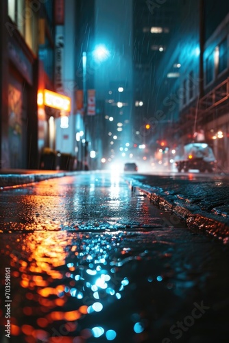 A city street glistening with rainwater at night, illuminated by the reflection of lights. Perfect for urban-themed projects or to depict a rainy night scene