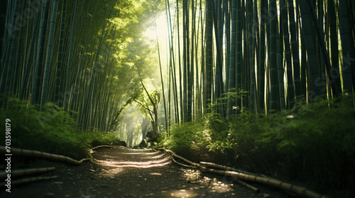 Wandering through a serene bamboo forest with towering bamboo stalks swaying gently in the breeze.