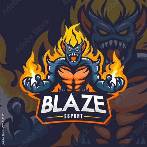 Fire monster mascot esport vector illustration. Flame devil gaming and sport team mascot emblem.