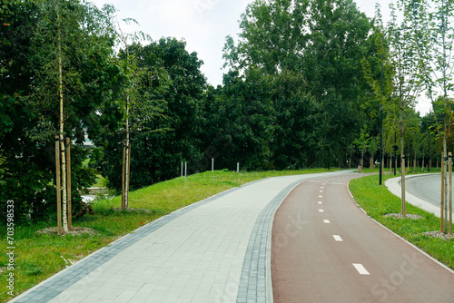 Fototapeta Naklejka Na Ścianę i Meble -  View of park with trees, alley and bicycle lane