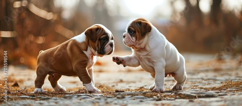 6-week-old english bulldog puppies engaged in play fighting.