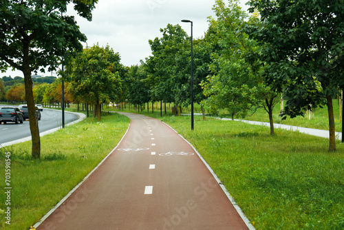 View of city park with bicycle lane and trees
