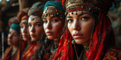 Beautiful young muslim girls with traditional clothing and jewelry. photo