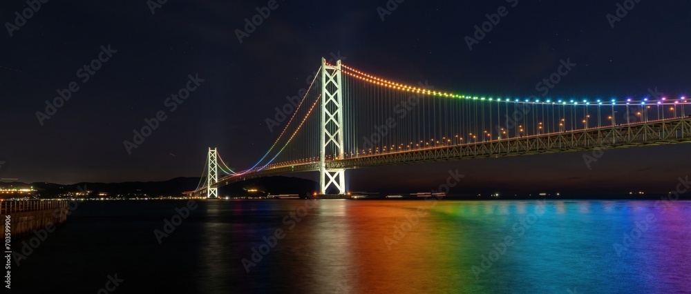 Obraz premium レインボーカラーにライトアップされた明石海峡大橋のパノラマ情景