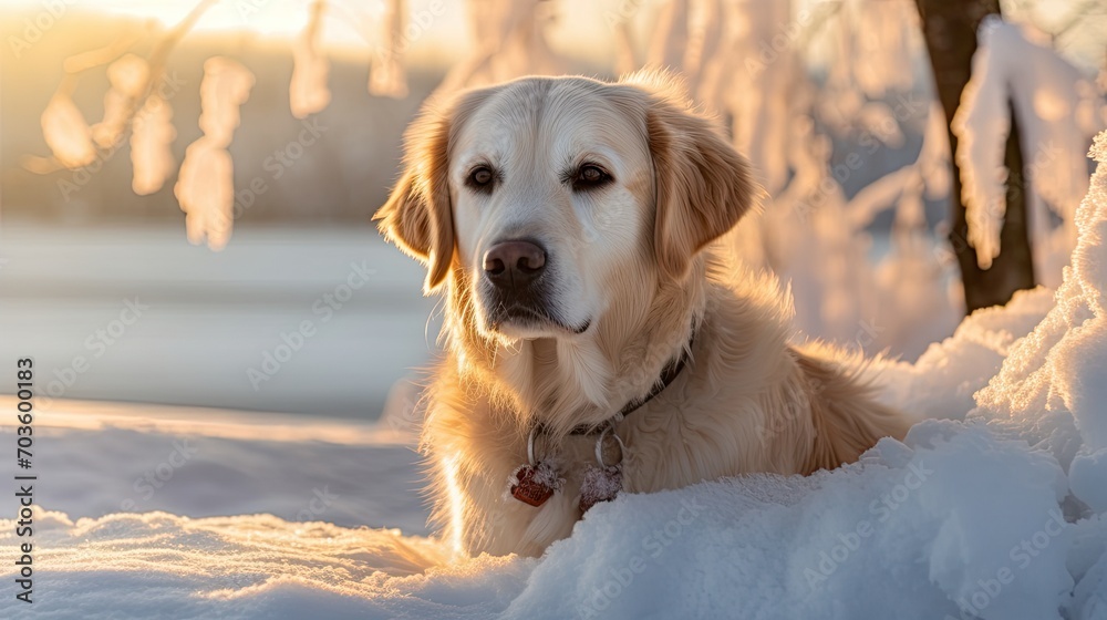 Beautiful portrait of a golden retriever dog in the snow. Labrador dog in winter outside in white snow. Photo of a dog for printing on a poster, fabric, paper. Cute pets. The dog walks in winter. Beautiful portrait of a golden retriever dog in the snow. Labrador dog in winter outside in white snow. Photo of a dog for printing on a poster, fabric, paper. Cute pets. The dog walks in winter.