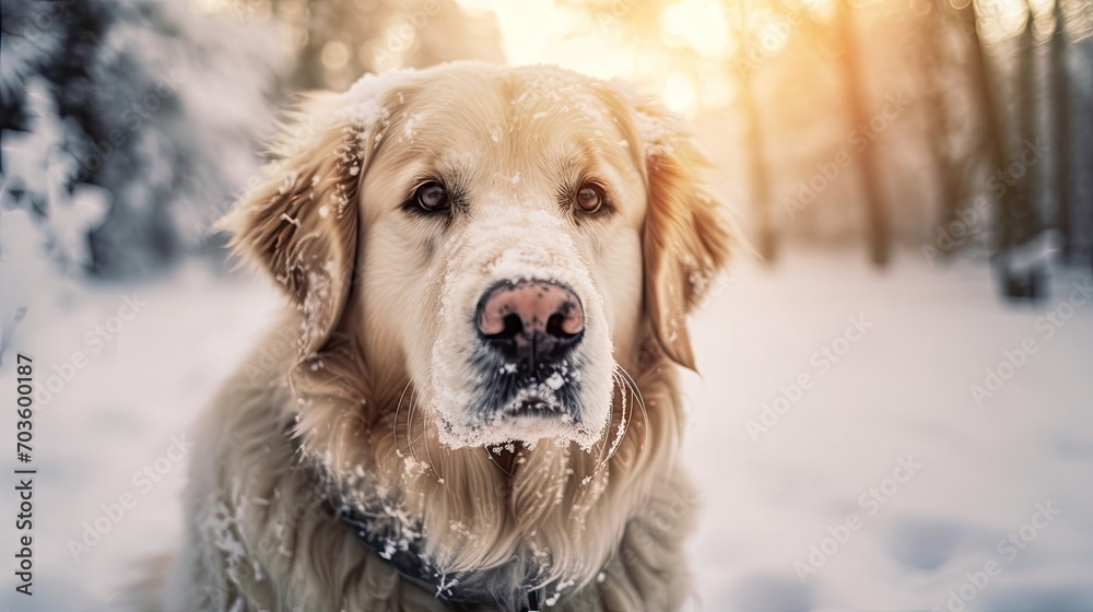 Beautiful portrait of a golden retriever dog in the snow. Labrador dog in winter outside in white snow. Photo of a dog for printing on a poster, fabric, paper. Cute pets. The dog walks in winter.