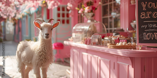 cute little goat standing next to a pink mobile ice cream cart, with sign you are my love.  Romantic  love, spring or Valentine concept. Generative AI