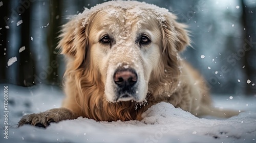 Beautiful portrait of a golden retriever dog in the snow. Labrador dog in winter outside in white snow. Photo of a dog for printing on a poster, fabric, paper. Cute pets. The dog walks in winter.