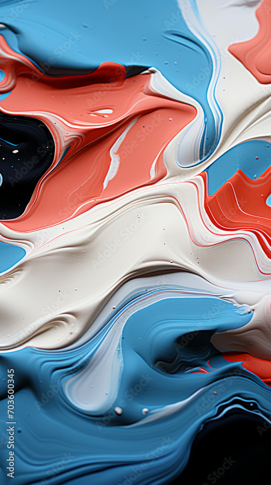 Abstract Swirling Colors Art, Blue, White, and Coral Paint Mix


