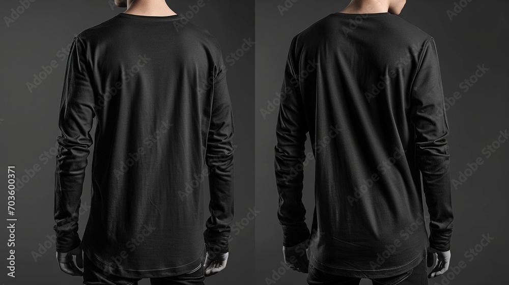 Black long sleeved t-shirt mock up, front and back view, isolated. Male model wear plain black shirt mockup. Long sleeve shirt design template. Blank tees for print