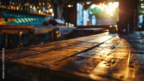 Empty wooden table and countertop with blurred bar background for product placement design