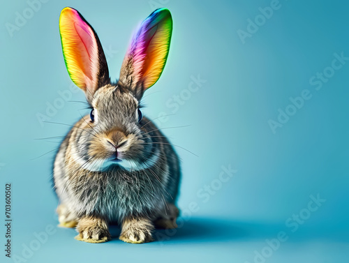 Rabbit in style with colorful horns sitting on a blue background