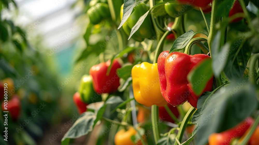 Growing sweet peppers in a greenhouse, photo with perspective. Fresh juicy red green and yellow peppers on the branches close-up. Agriculture - large crop of pepper