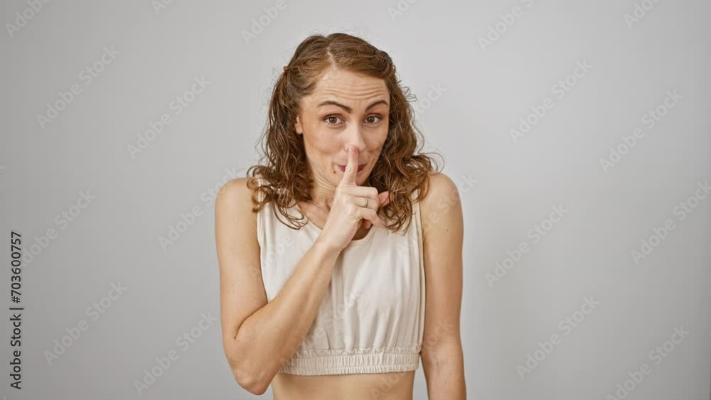 Beautiful young woman gesturing 'shh' with finger on lips, exuding confidence and silence. standing isolated on white background, embodying the secret of silent expression. Beautiful young woman gesturing 'shh' with finger on lips, exuding confidence and silence. standing isolated on white background, embodying the secret of silent expression.