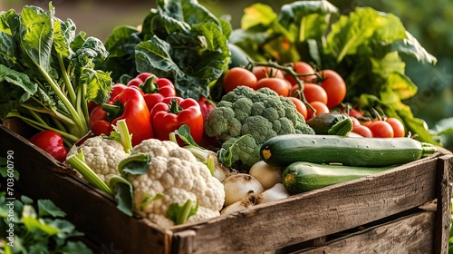 Wooden crate of farm fresh vegetables with cauliflower, tomatoes, zucchini, turnips and colorful sweet bell peppers on a wooden table outdoors in sparkling sunlight on greenery photo