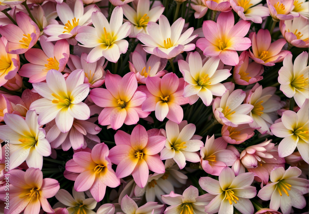 Bunch of Pink and White Flowers With Yellow Centers Blooming in Abundance Bunch of Pink and White Flowers With Yellow Centers Blooming in Abundance