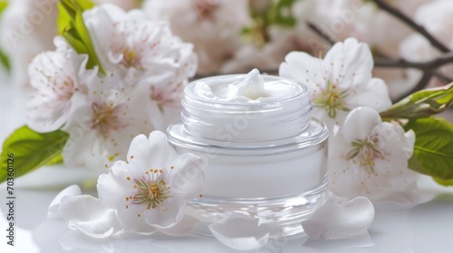 whitening and moisturizing Face cream in an open glass jar and flowers on white background. Set for spa, skin care and body products and solutions for skin problems such as scars, acne, wrinkles.