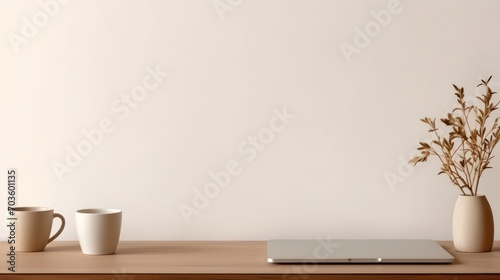 empty table with blur background of computer, Advertisement, Print media, Illustration, Banner, for website, copy space, for word, template, presentation, lapto