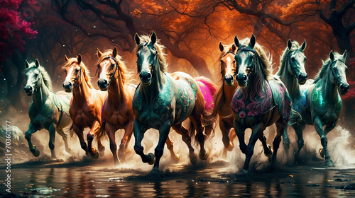 Group of Horses Running Through Forest