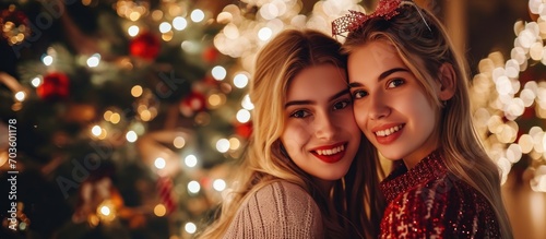Two attractive blonde women, ready for a festive New Year celebration, happily pose near a decorated Christmas tree.