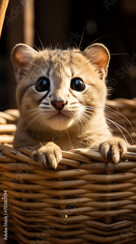 Adorable Kitten Peeking Out from Wicker Basket   © Keyser the Red Beard