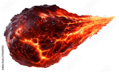 A brilliant flaming meteor with glowing molten tail streaking across the night sky, isolated on a transparent background.