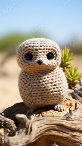 Handmade Crocheted Owl Toy on Natural Wood in Outdoor Setting  