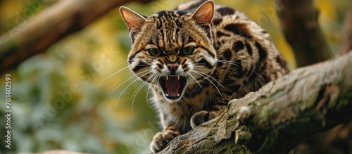 Adult Black Footed Cat, specifically felis nigripes, displaying aggression while perched on branch. © 2rogan