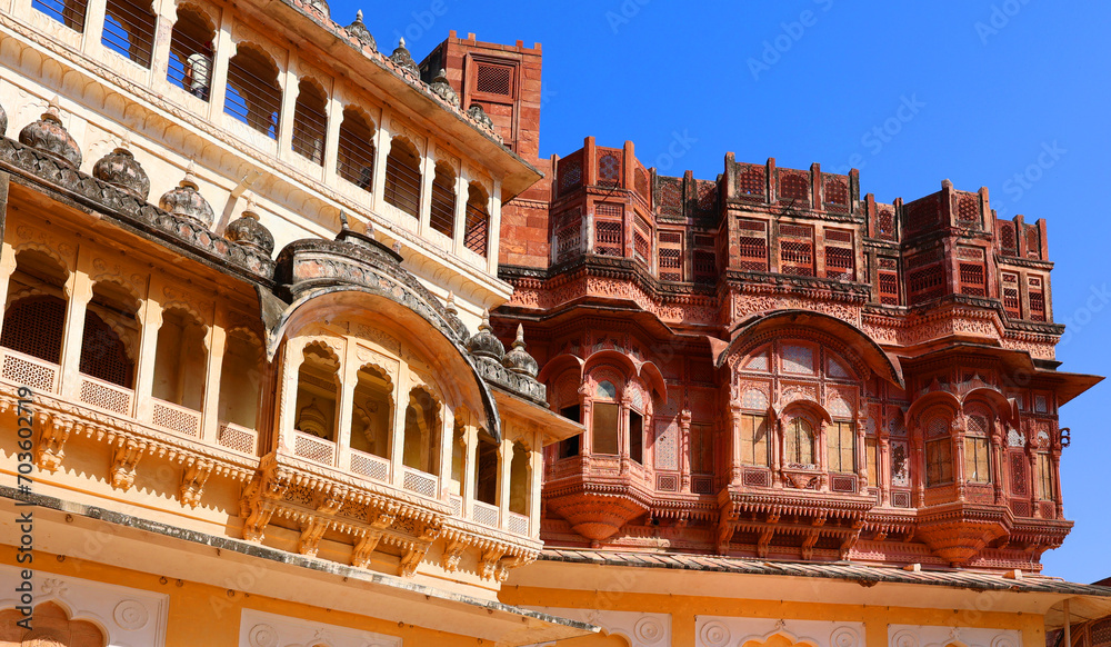 Top view of Mehrangarh fort with distant view of blue city Jodhpur. Jodhpur One of the seven gates to enter the huge fort is seen below,. Jodhpur Rajasthan Inida