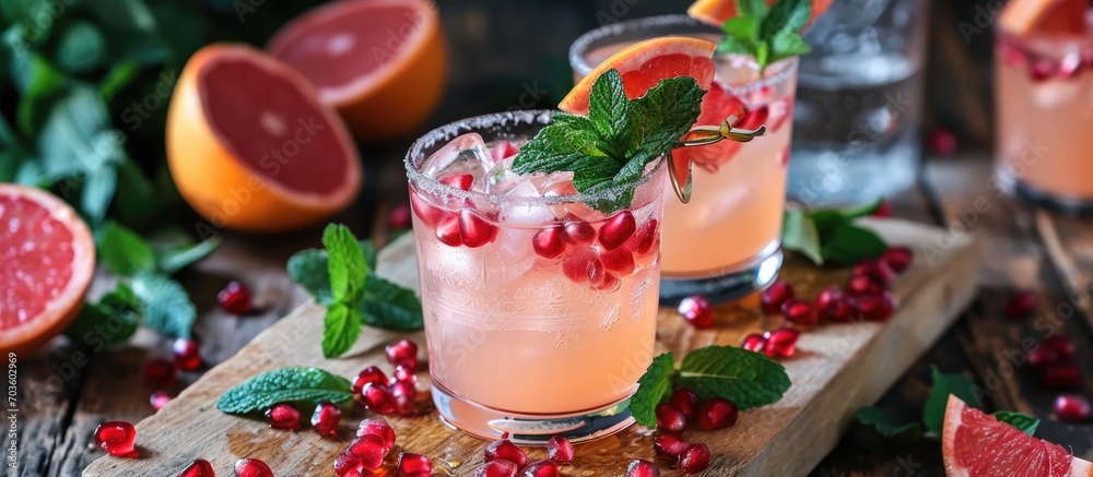 Tequila cocktail infused with mint, pomegranate, and grapefruit.