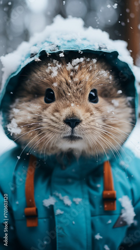 Anthropomorphic Animal in Winter: A Lionhead Rabbit in a Snowy Hoodie